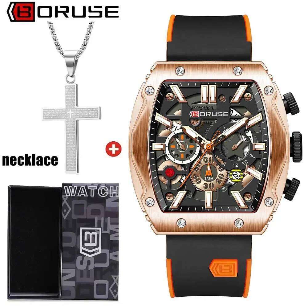 BORUSE 2Pcs/set Fashion Men's Mens Black Orange Silica Strap Necklace And Watch Male Quartz Movement Is The Best Choice