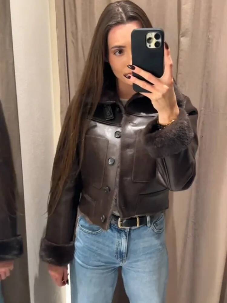 HH Women Chic Reversible Faux Fur Jacket Woman Fashion High Collar Single Breasted Pocket Decorated Long Sleeve Warm Winter Coat