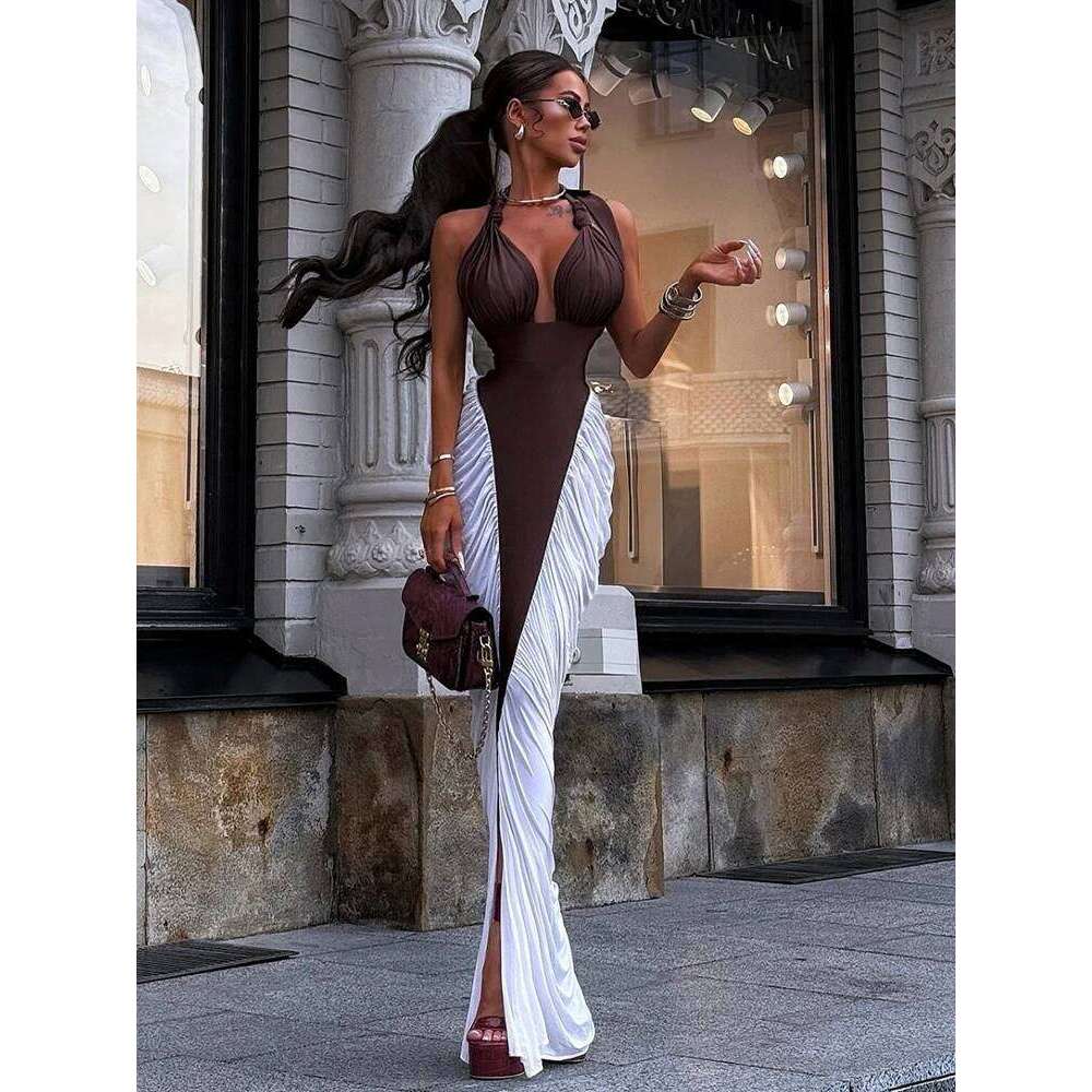 Kliou Ruched Elegant Long Dress Woman Halter Low-Neck Backless Contrast Patchwork Robe Midnight Banquet Party Classic Vestidos C260312