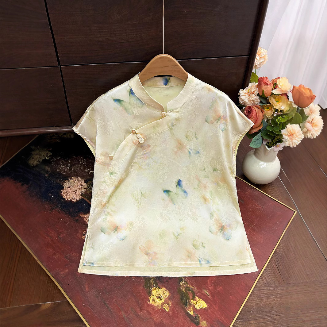 New Chinese-style Jacquard Summer New Designer Shirt Designer Hoodie Model Stand-up Collar Polo Shirt Diagonal Placket Buttoned Blouse Fresh And Comfo