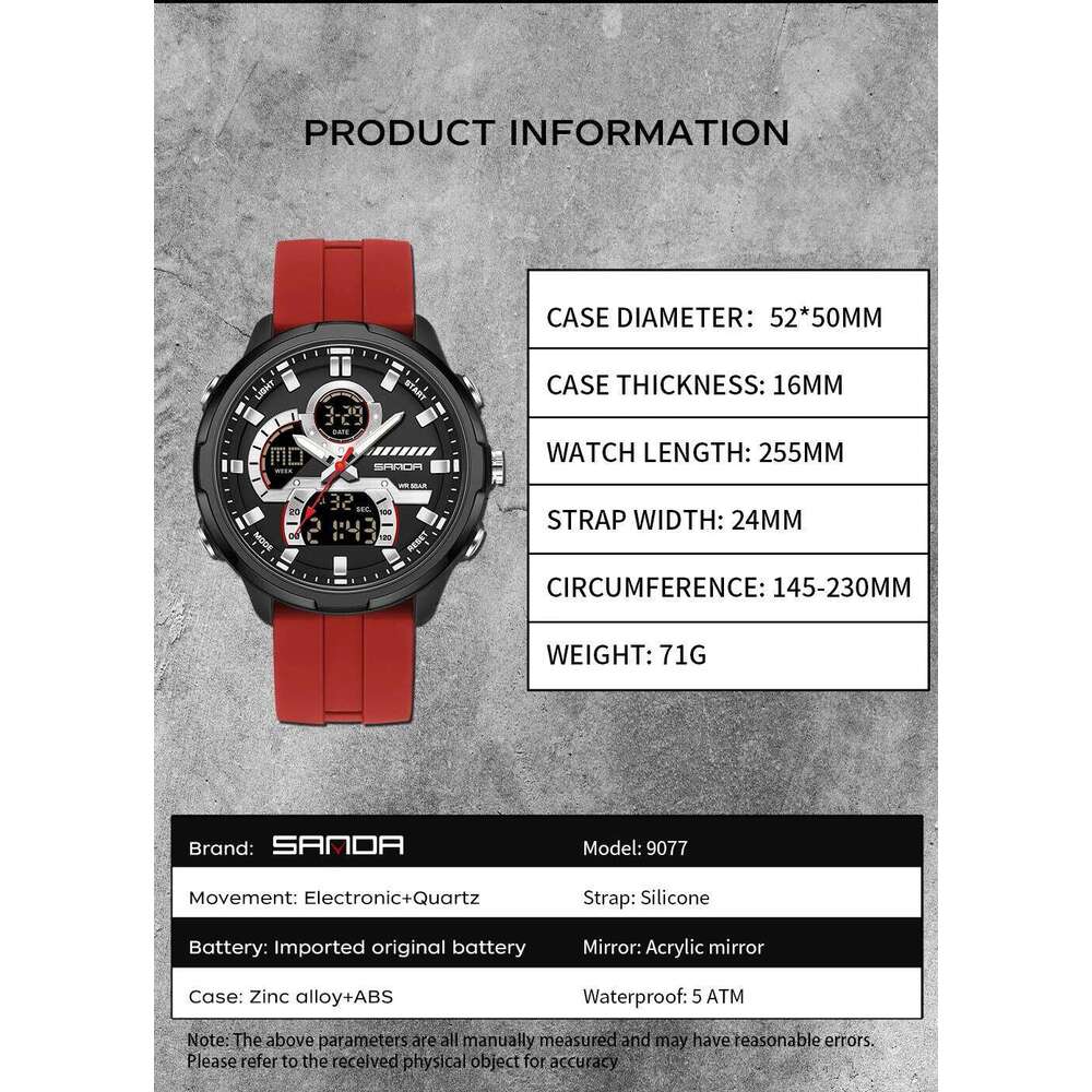 SANDA new 9077 men's sports multifunctional dual display waterproof LED night light student electronic watch