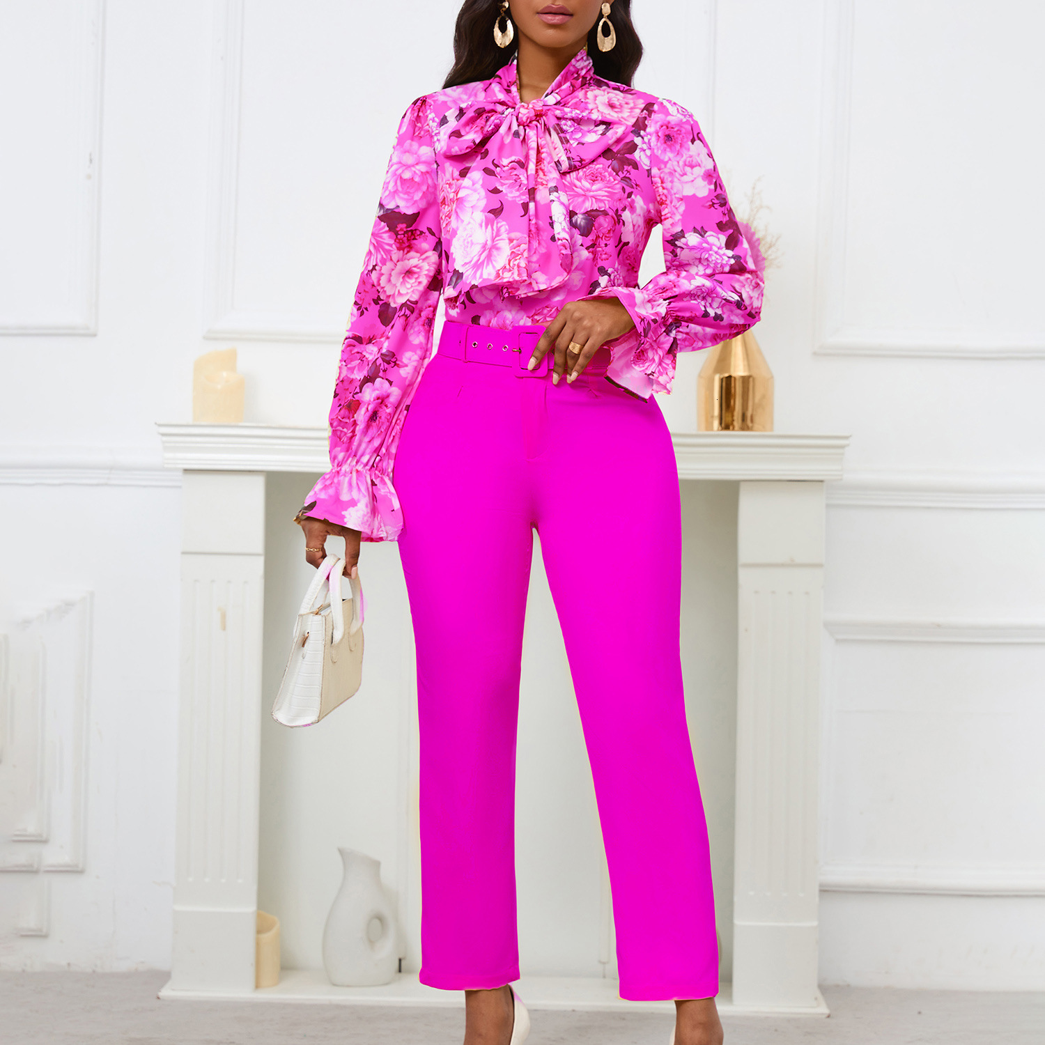 D457 New Fashion Printed Tie-Strap Long-Sleeve Top and High-Waisted Casual Pants Set