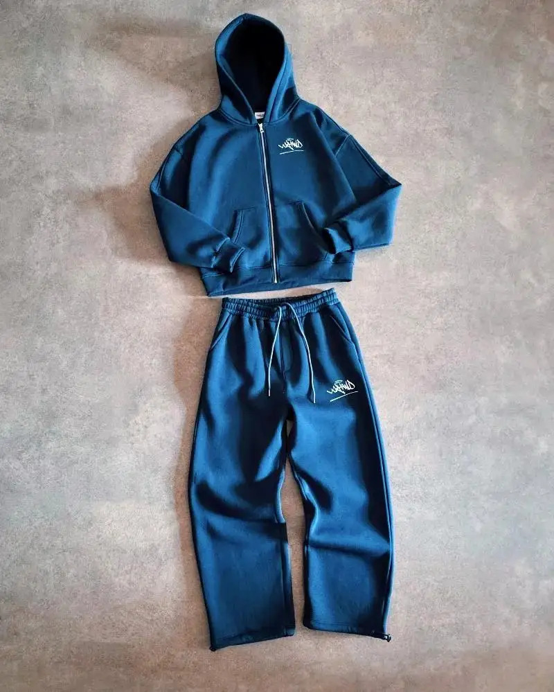 Y2K Leisure Sportswear Loose Hooded Zipper Sweatshirt Straight Pants Two Pieces Couples Soft and Comfortable Student Trend Suit 260311