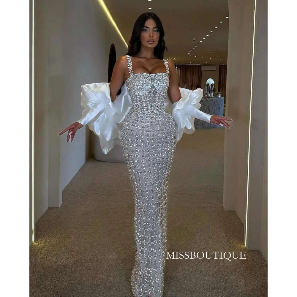 White Luxury Fully Crystals Beaded Evening Dresses With Detachable Cape Arabic Dubai Pageant Events Prom Party Gowns Bc20957 N13 B0312