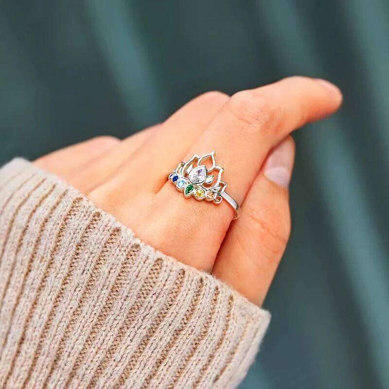 Huitan Lotus with Colorful CZ New Trendy Accessories for Women Daily Wear Party Aesthetic Flower Rings Statement Jewelry H260312