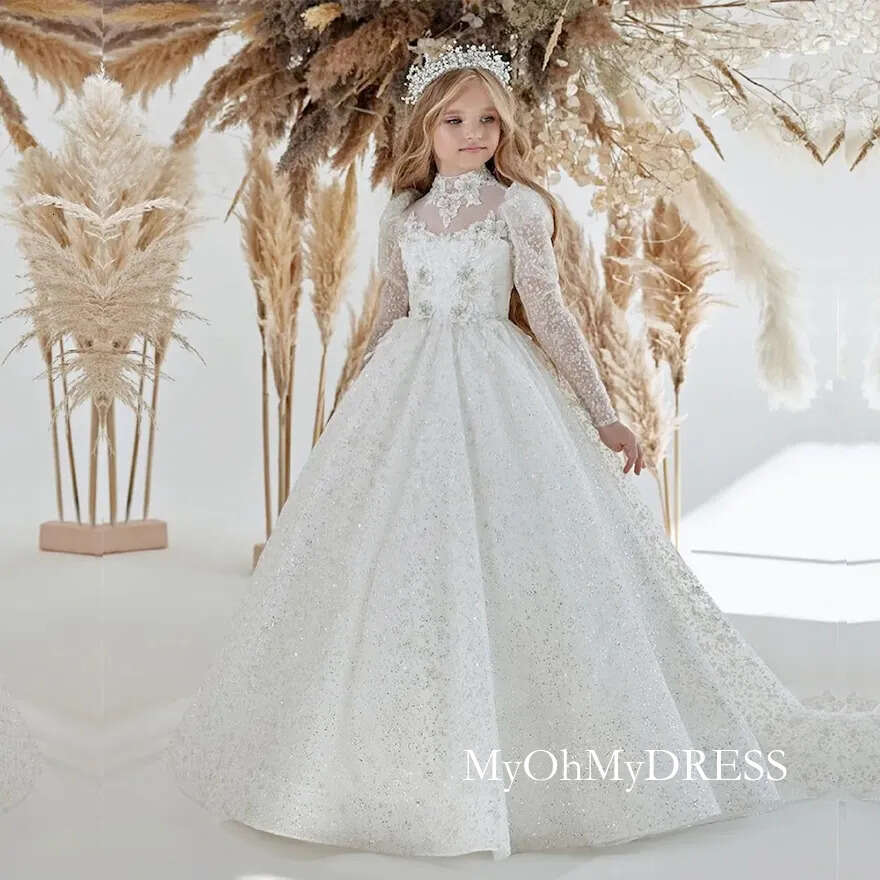 Sparkle Lace Flower Girl Bows Childrens First Communion Princess Tulle Ball Gown Wedding Party Dress D0311