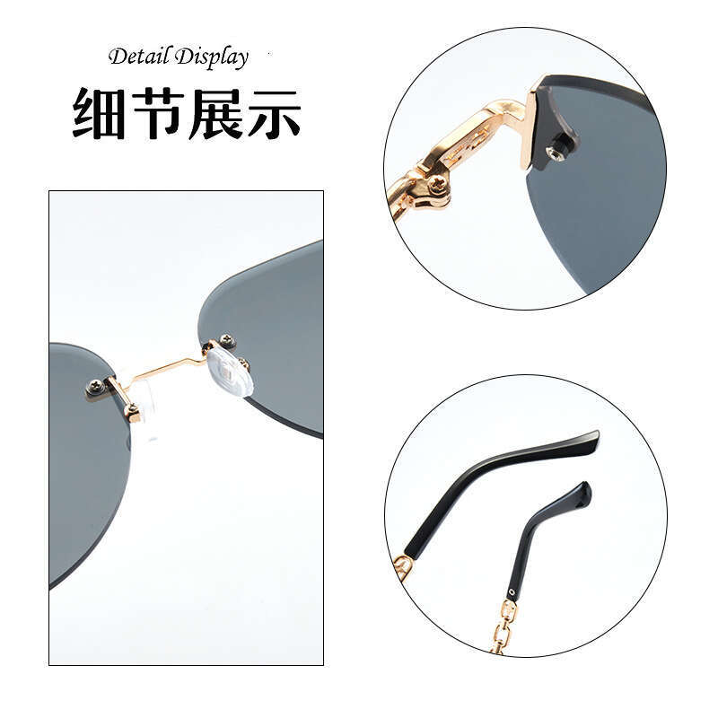 Frameless Cut Edge Light Luxury Women With Metal Chain Temples Hollow Slimming Sunglasses For Beach Photos UV Protection