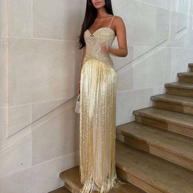 New 2026 Women's Banquet President Fashion Sequin Tassel Slim Cocktail Elegant Temperament Off Shoulder Strap Dress C260312