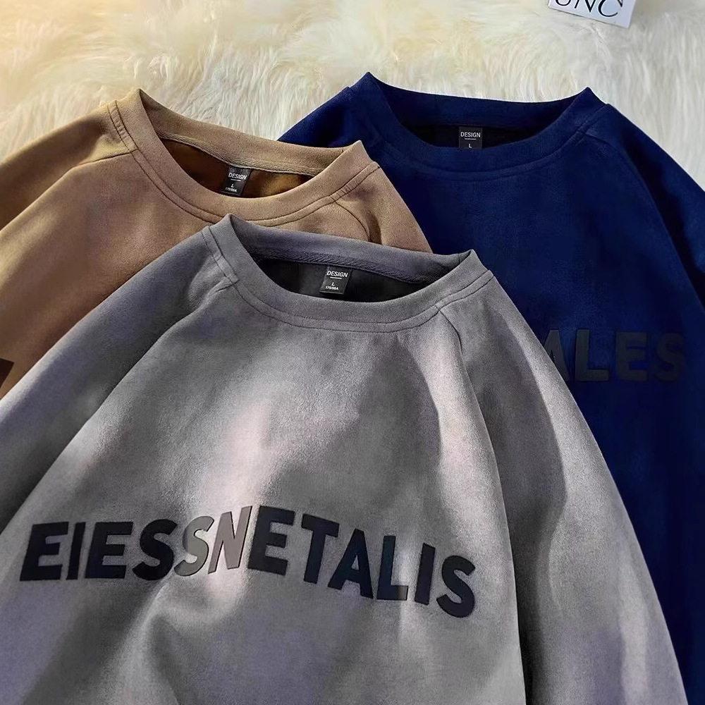 Heavyweight Suede -style Hoodless Crew Neck Sweatshirt For Men New Early Spring Designer Hoodie And Autumn Trendy Brand Couple's Loose-fitting Ja