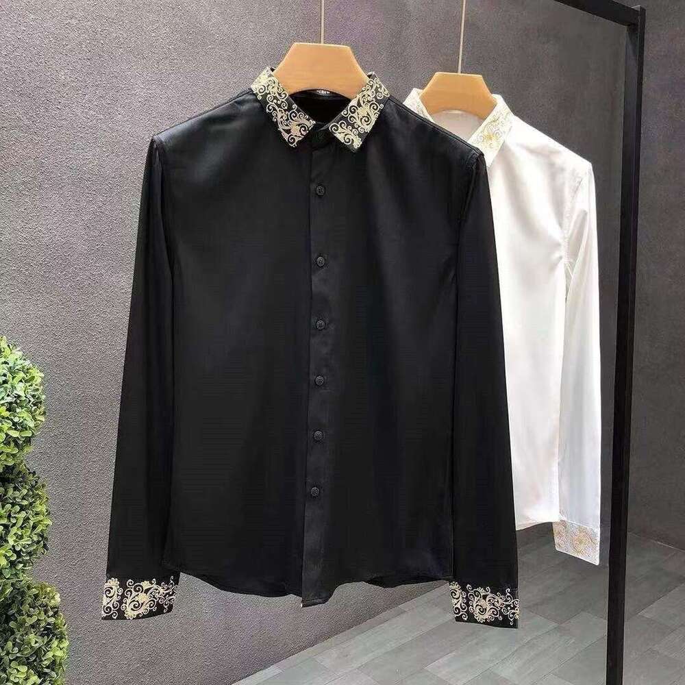 Style Light Luxury Summer Men's Square Collar Embroid Single Breasted Fashion Casual Long Sleeve Loose Shirts Tops