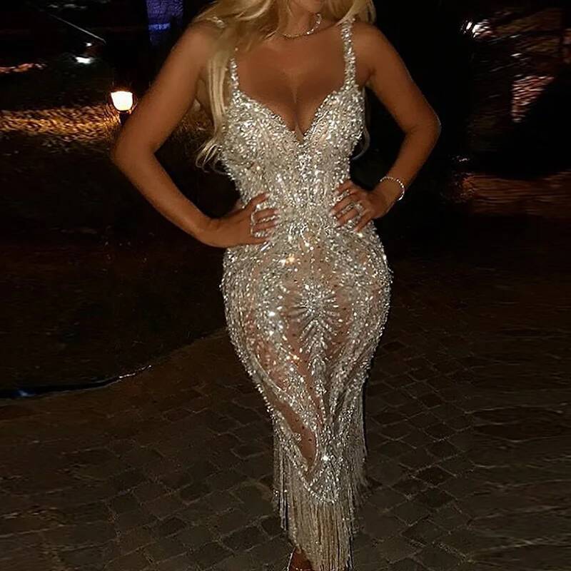 Lady Deep V Strapless Tight Sequin Chic Tassel Hip Wrap Club Summer Sexy Sleeveless Slim Solid Evening Dress Vestido