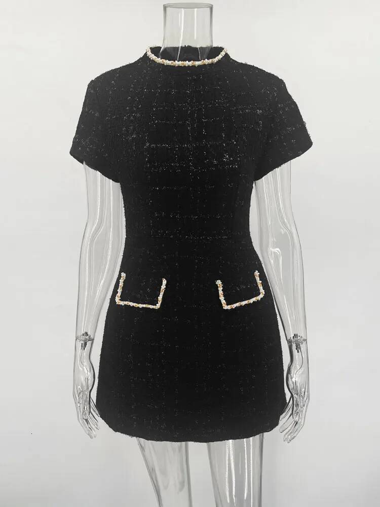 Tosssy Shiny Elegant Female MIni Pocket Short Sleeve Patchwork Fashion Slim Party Gown Women's Glitter Vntage Dress