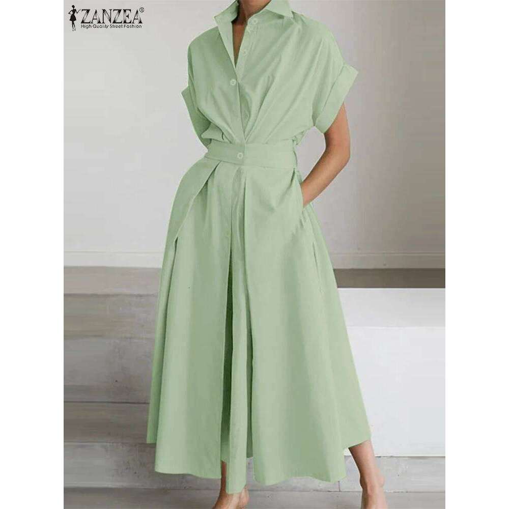ZANZEA Women Summer Dress Elegant Short Sleeve Work OL Sundress Casual Solid A Line Buttons Holiday Vestidos Kaftan Robe Femme C260312