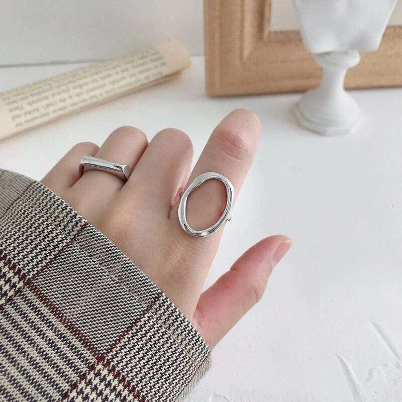 Korean version S925 sterling silver open ring INS simple geometric irregular hollow oval female adjustable punk party H260312