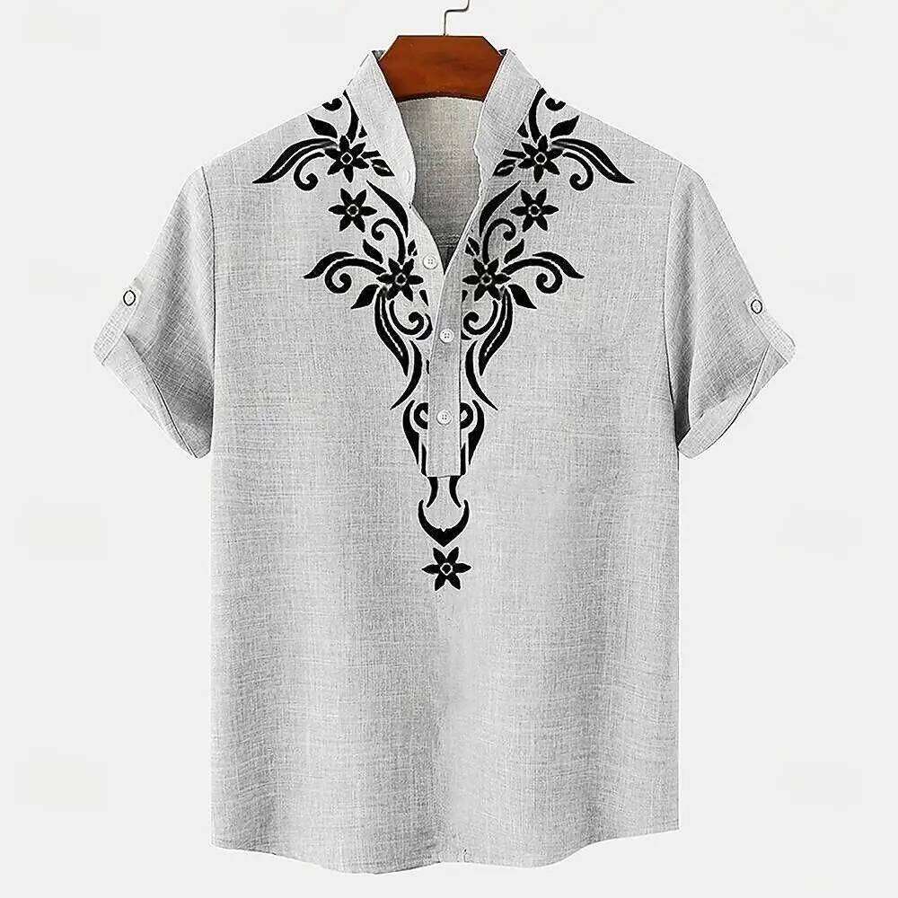 Digital printed retro pattern, fashionable trend, street outdoor, high-quality and comfortable linen men's short sleeved shirt