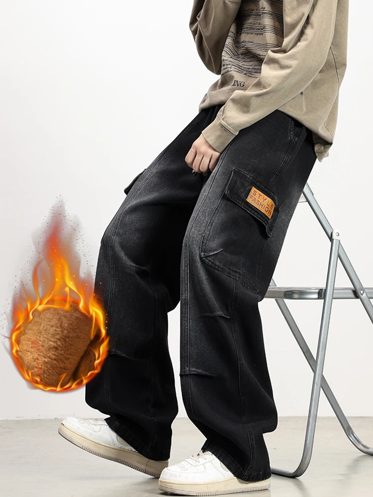 Mens Winter Fleece Cargo Jeans with 5 Pockets Wide Leg Straight Baggy Brushed Warm Denim Pants Asian Size L6XL 260228