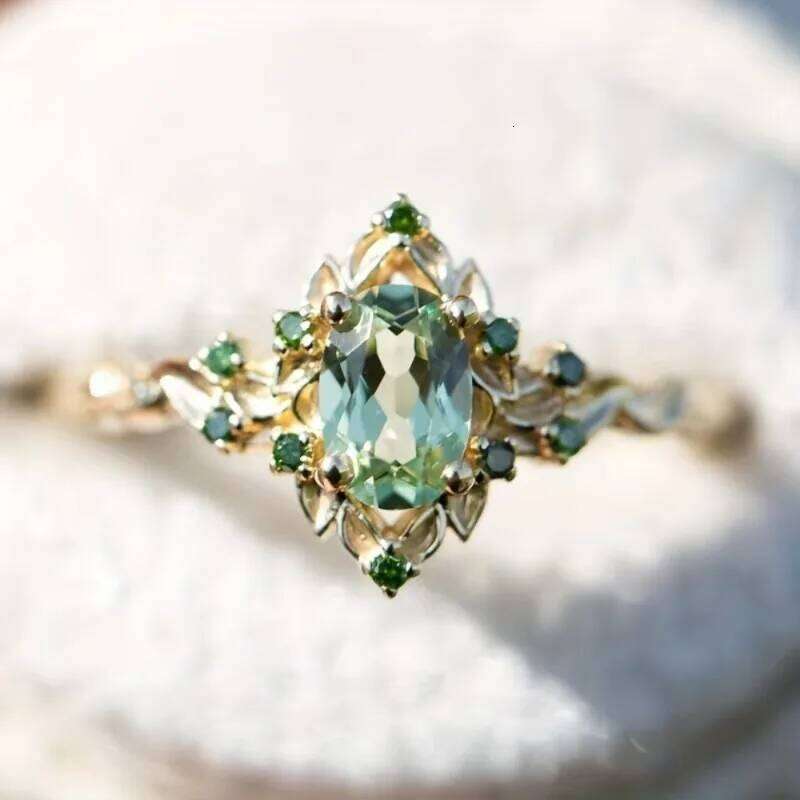 European and American new fashion flower shape green gemstone inlaid elegant light women's ring H260312