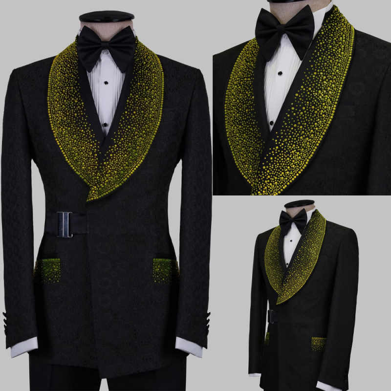 Modern Beaded Men Wedding Tuxedos Shawl Lapel Prom Male Party 2 Pieces Pant Sets Customized Trajes Para Hombre