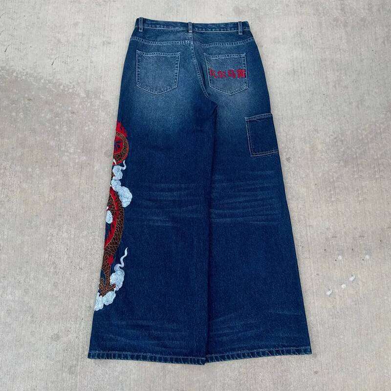 Dragon Graffiti Embroidery Dark Blue Loose Wide Leg Distressed Jeans Y2K High Waist Men Women Vintage Casual Daily Streetwear 26Y0312