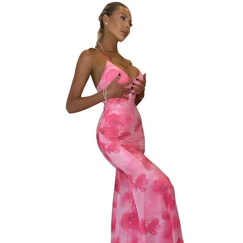 Printed hanging neck v -neck skirt sexy backpack hip dress fashion, simple and elegant women's clothing C260312