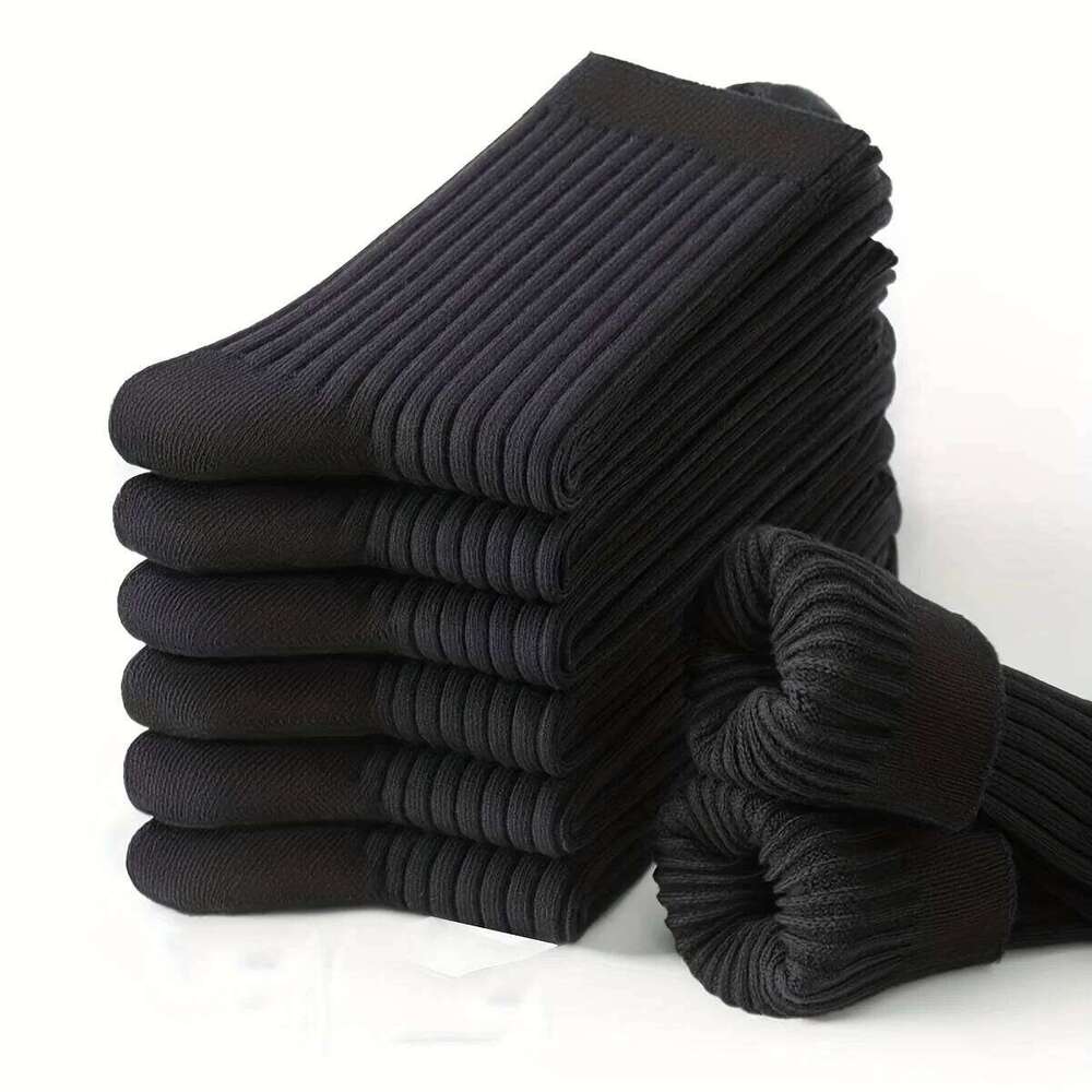 6 Pairs of Men's Pure Color Vertical Pattern Mid-Calf Socks, Versatile Black Socks for Business All Seasons, Breathable Z260312
