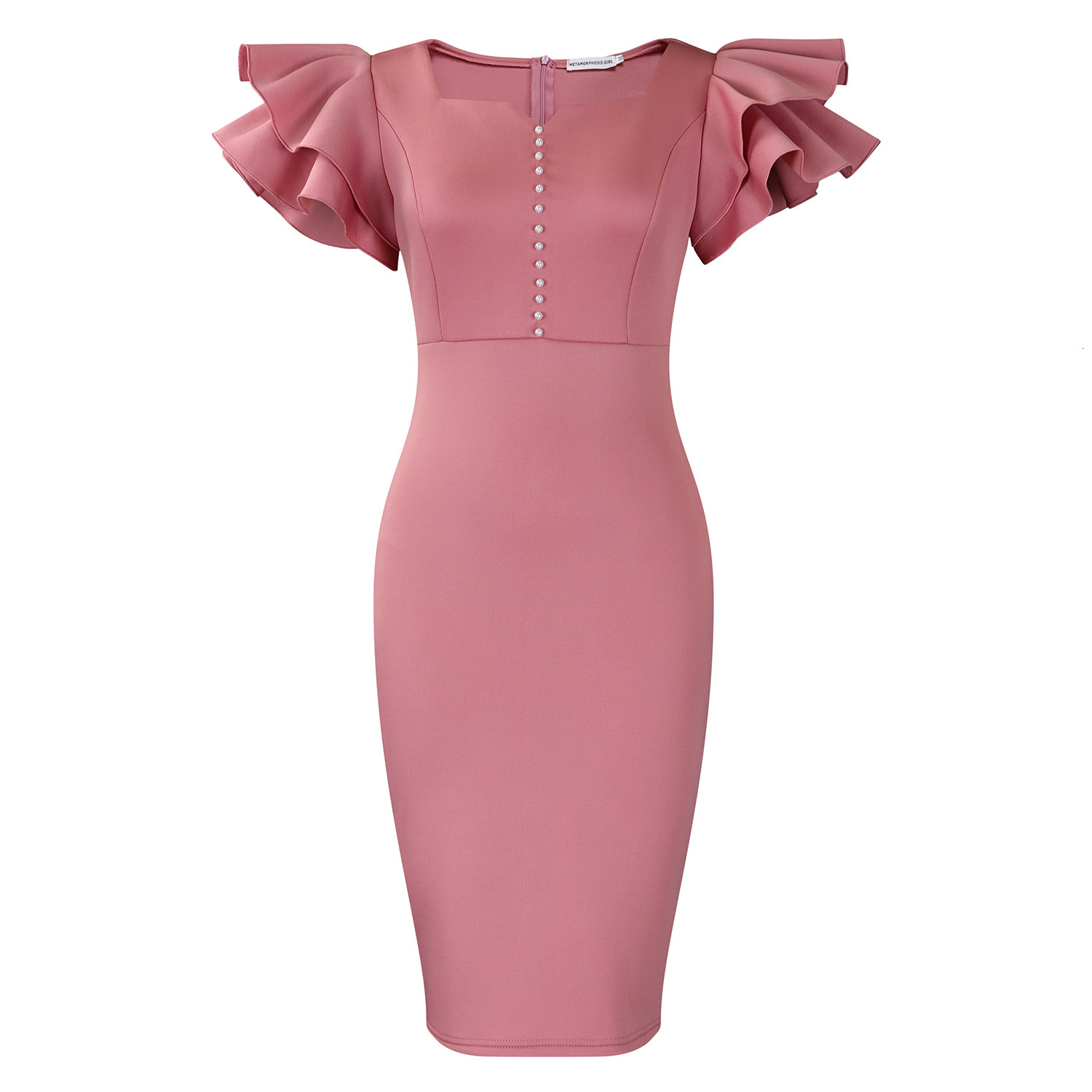 D575 Summer Fashion Womens Beaded Ruffle Sleeve Bodycon Party Dress