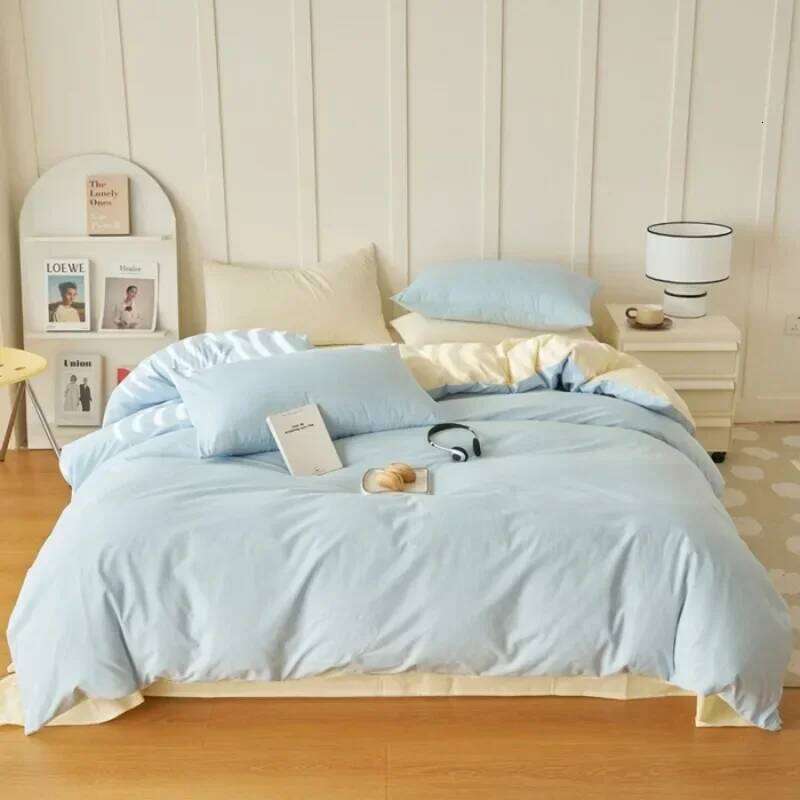 2025 new washed cotton double-spell four-piece set, natural light shooting bed fitted sheet type, household H260312