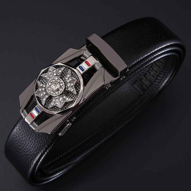 Men's Luxury Diamond-Embellished Belt, Bling Fashion Waist Belt with Red Automatic Needle Buckle, Iron Animal-Pattern Buckle, PU Construction for Outd - view 3