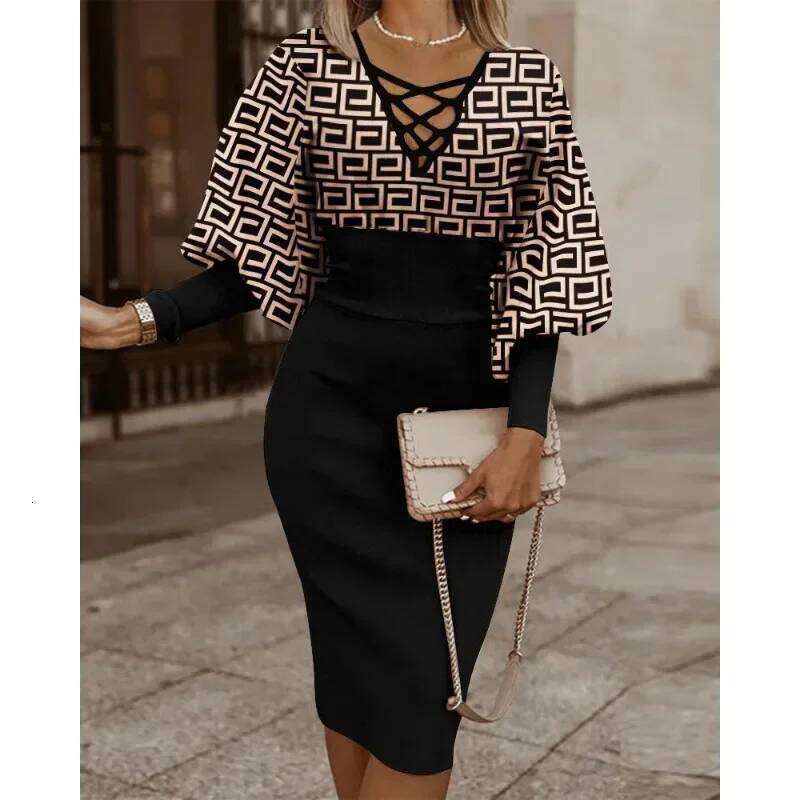 Women's Autumn S-XXL Long Sleeved Fashionable Printed V-Neck Band Waist Pack Hip Commuter Leisure Holiday Elegant Dress C260312