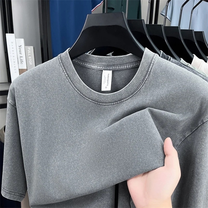 American Style Retro Heavyweight Solid Color Short Sleeved T-shirt Men Women Summer Street Trendy Washed Old Oversized Clothes 260227