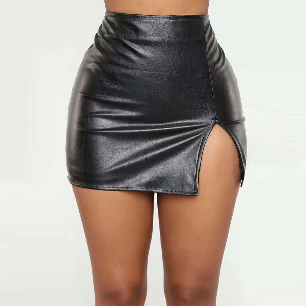 Cross-Border European and American Hot-Selling Sexy Hot Girl PU Leather Waist-Cinching Short Women's Bodycon Slit Half Skirt Factory Wholesale