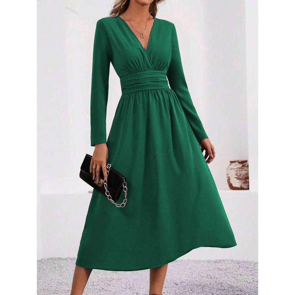 Elegant Solid Color Knit for Women 2025 Fall Winter Overlap V-Neck Sleeve with Waist Shirring Bodycon Long Maxi Dress C260311
