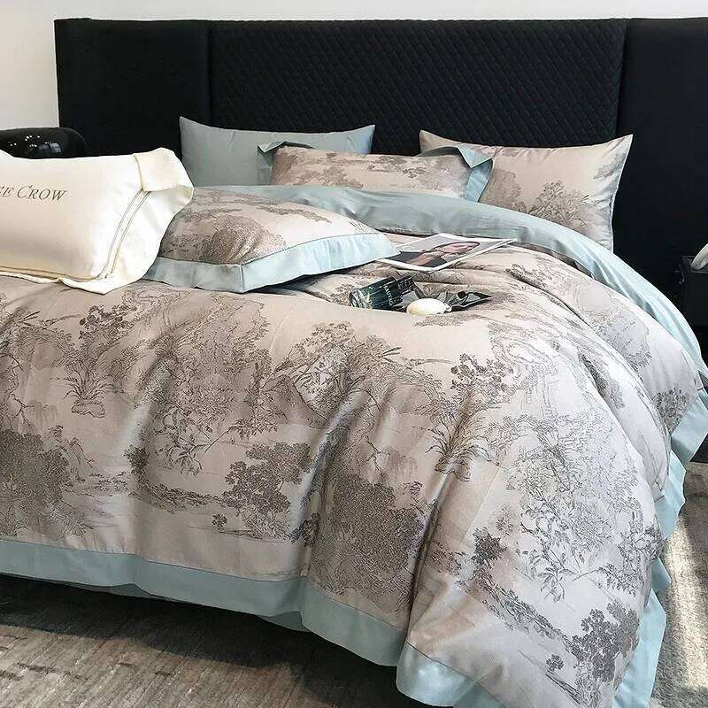 1000TC Egyptian Cotton Duvet Cover Flat/Fitted sheet Pillowcases Soft Grey Jungle printed Bedding set Double Queen King 4Pcs H260312