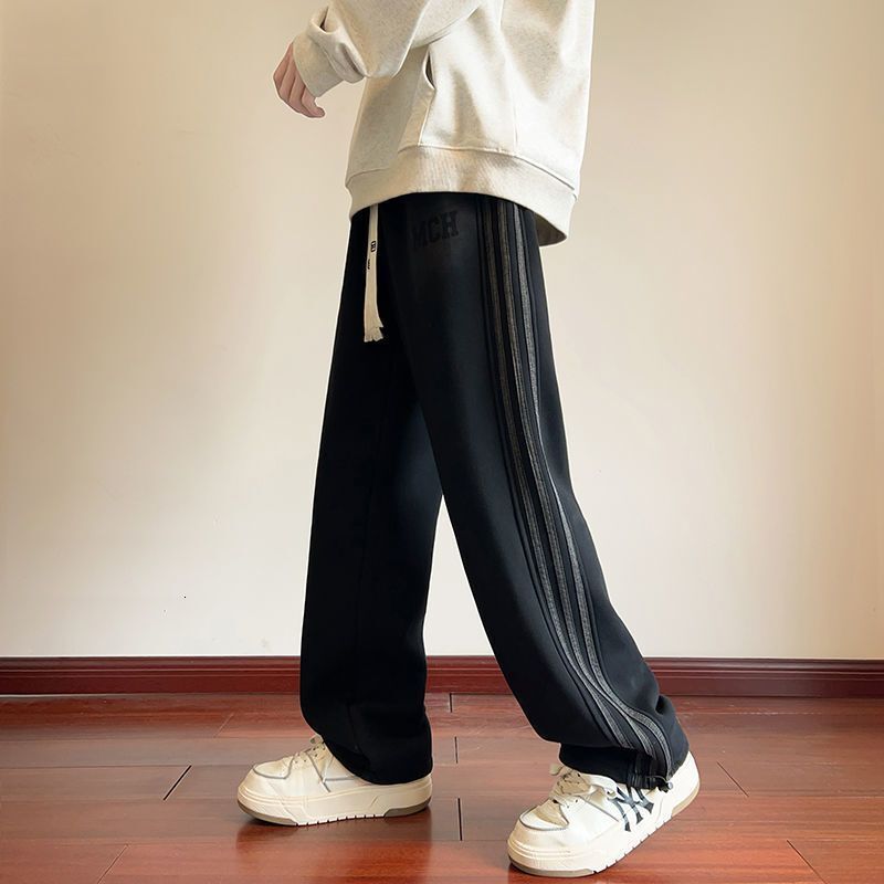 New Autumn And Winter Casual Pants For Men Striped Fleece-lined Designer Pants Wide-leg Pants Trendy Loose Straight-leg Sports Thickened Sweatpants
