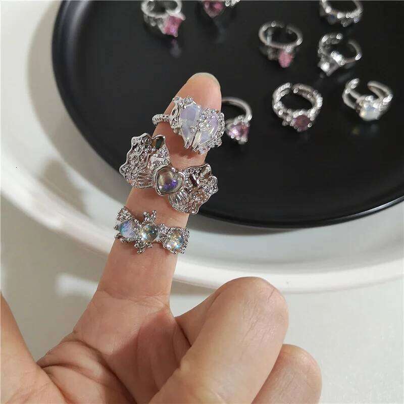 Pink Crystal Irregular for Women Creative Blue Opal Heart Open Shiny Geometric Zircon Ring Vintage Y2K Jewely H260312