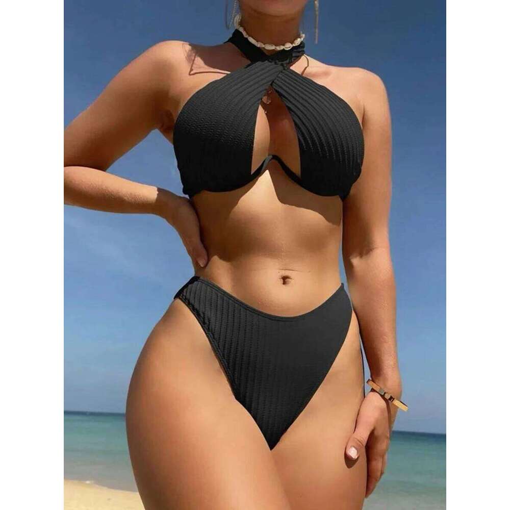 Halter Push Up Bikini 2025 Hollow Out Swimsuit Women Padded Swimwear Female Bathers Bathing Swimming Swim Suit Beachwear Y260303