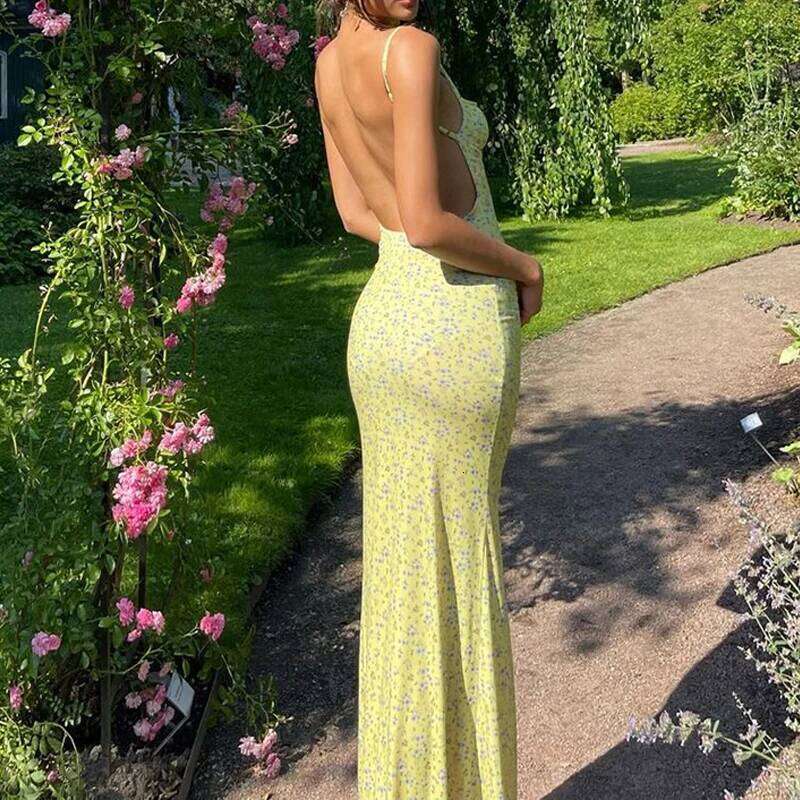 Y2K Floral Print Spaghetti Strap Bodycon Sundress Deep V Neck Long Dress Sexy Backless Summer Dresses Streetwear C260311