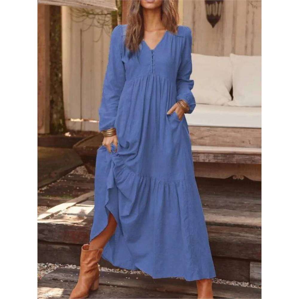 New Autumn Winter Women's Retro Fashion V-neck Button Long-sleeved Casual Wide Swing Cotton Long Dress C260311