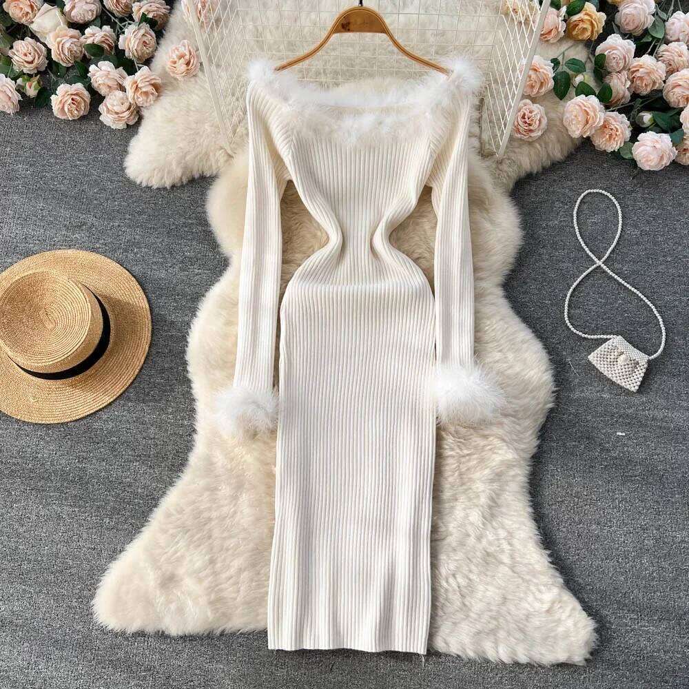Skash Neck Strecth Solid Sexy Sweater 2026 Women Sleeve Midi Long Autumn Streetwear Knitted Bodycon Dress C260312