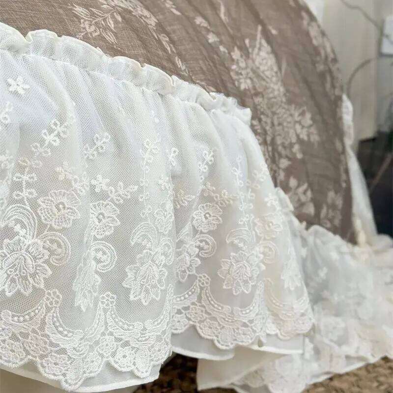 4Pcs Vintage French Floral Printing Lace Ruffles Bedding Set 100% Cotton Duvet Cover Flat/Fitted Sheet Pillowcases Home Textile H260312
