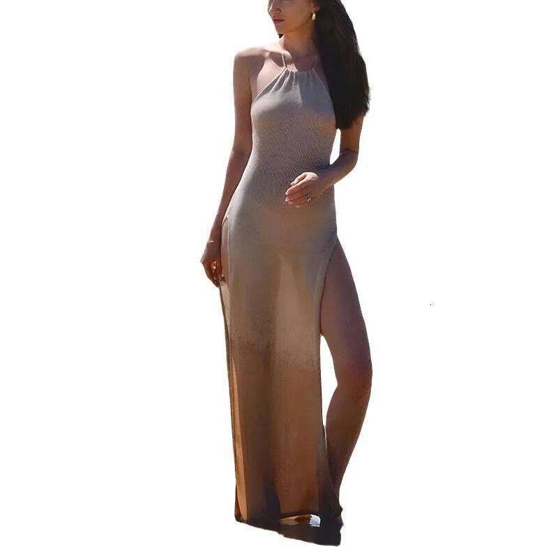 2025 Spring And Summer Hot Style Double-sided High-slit Sexy Suspender Beautiful Back Solid Color Knitted Beach Dress C260312