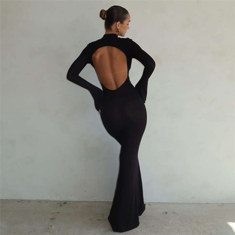European and American Style 2026 Autumn Winter New Women's Fashion Round Neck Long Sleeve Sexy Backless Slim Fit Bodycon Dress