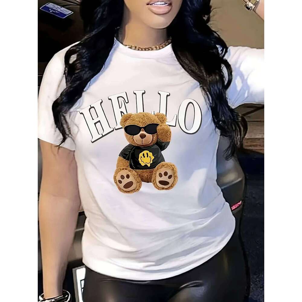 Bear Print T-shirt Short Sleeve Crew Neck Casual Top for Summer & Spring Women's Clothing Z260312