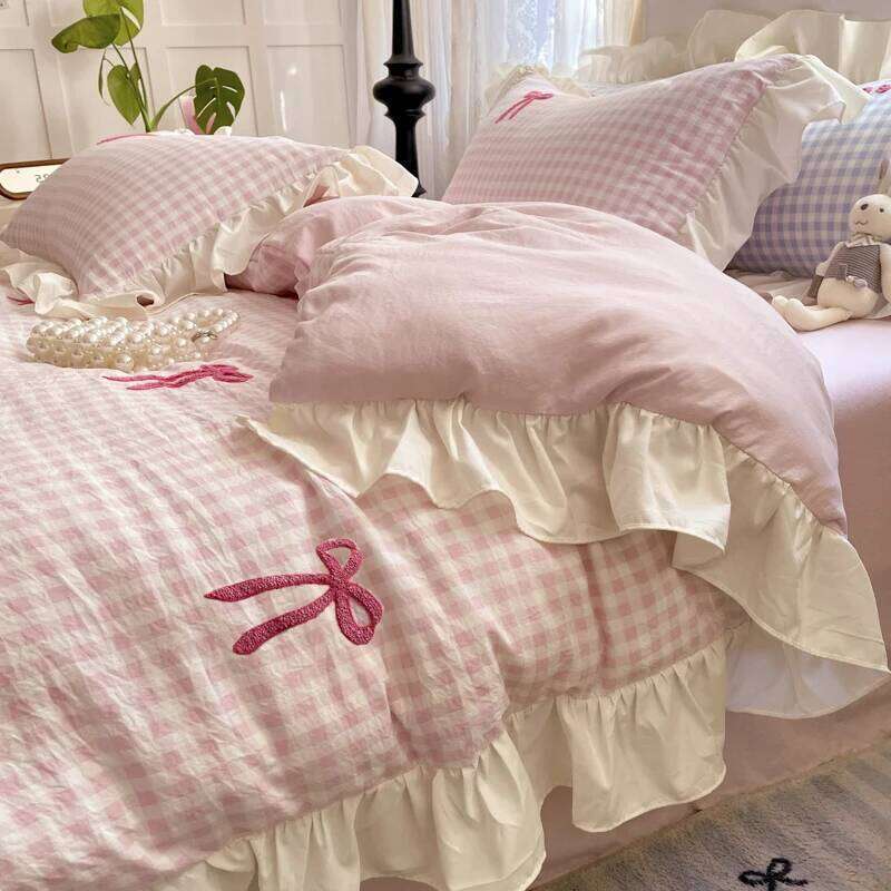 Korean Style Bedding 2025 Pink Grid Bow Quilt Romantic Bed Sheet Sets Woman Girls Bedroom Duvet Cover 4pcs H260312