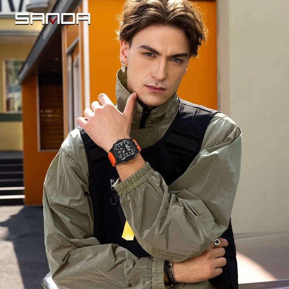 SANDA 2026 Men's Electronic Watch Multifunctional Luminous Alarm Clock Calendar Stopwatch Dual Display Digital Watches for Man