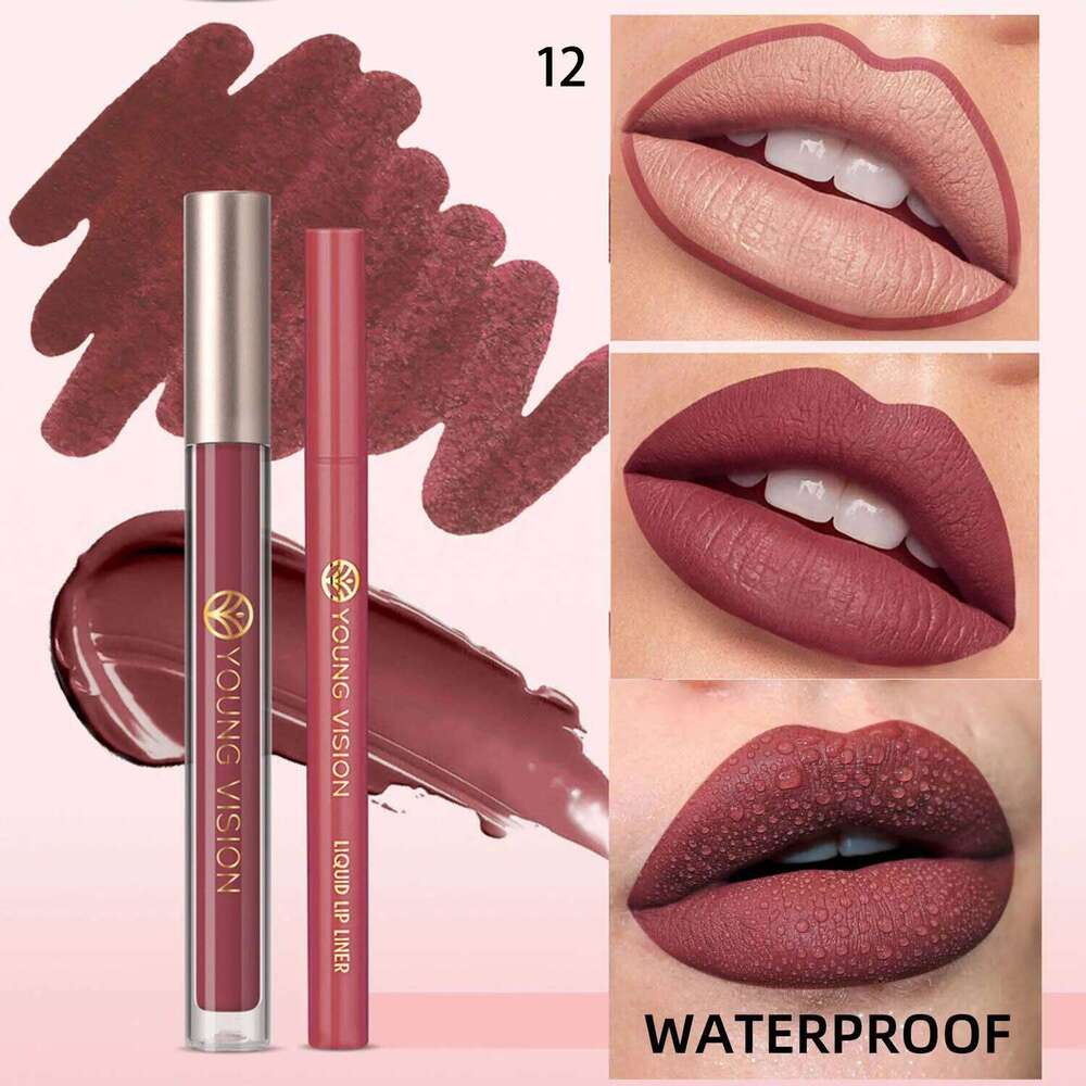 YOUNG VISION Glaze + set liquid Lip Liner Waterproof non-stick cup Moisturizing easy 12 color lip gloss W260311