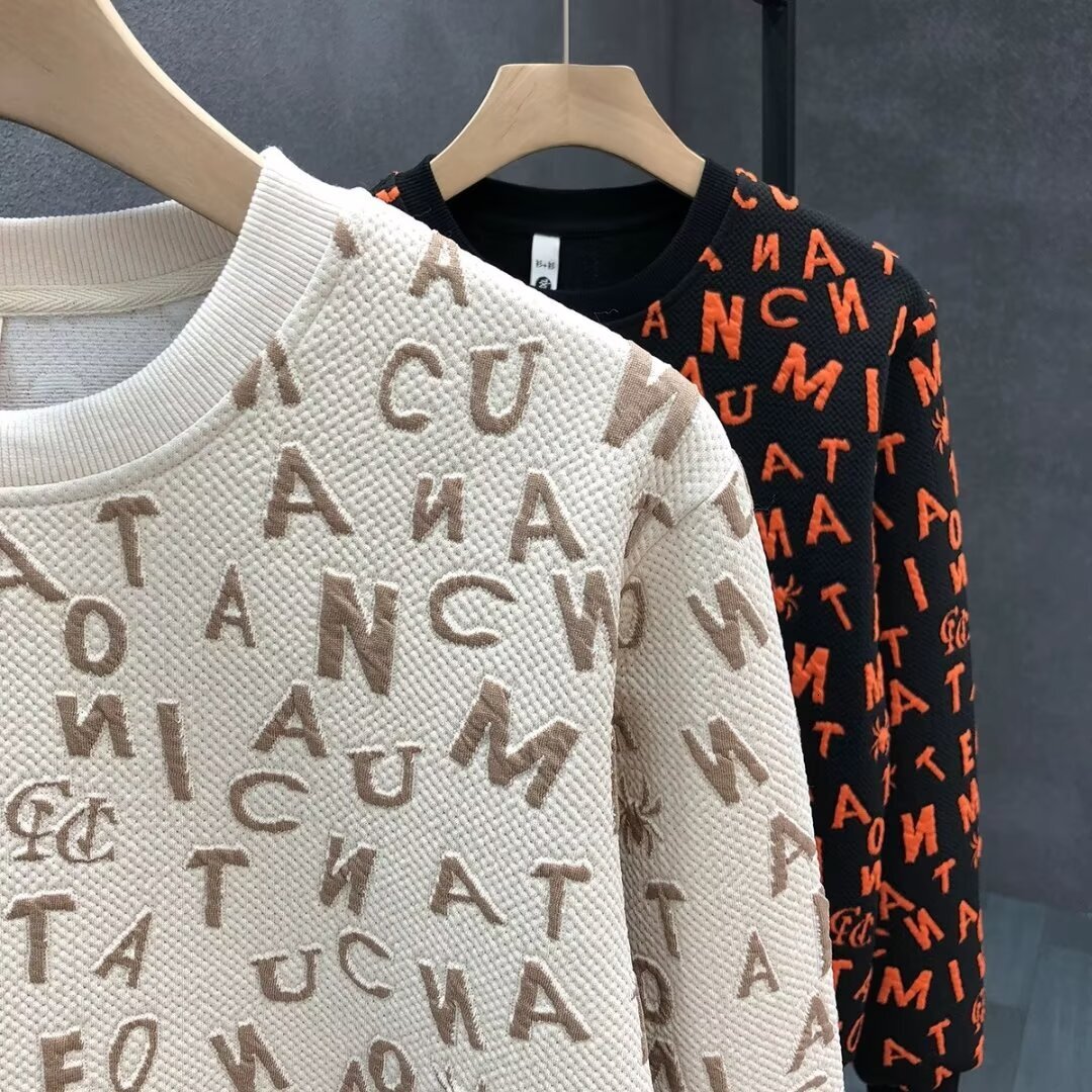 Jacquard Letter Style Designer Hoodie Sweatshirt Trendy Fashionable Unique Versatile Round Neck Slim Fit Pullover Autumn Men's Top