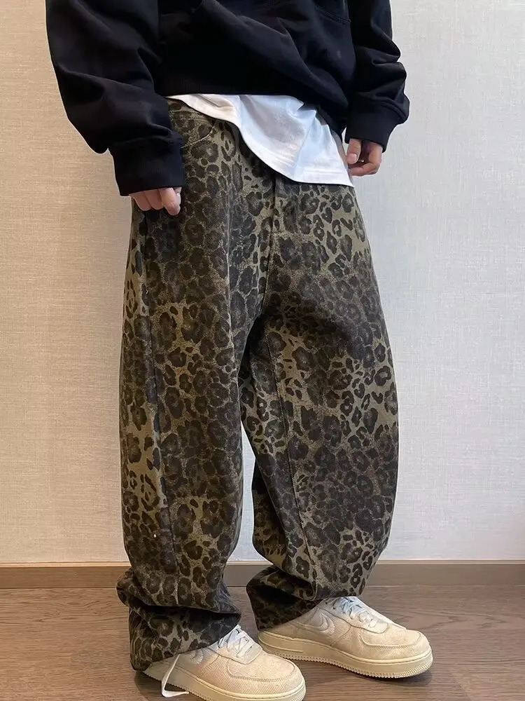 Autumn Tan Leopard Jeans Men Denim Pants Male Oversize Wide Leg Trousers Streetwear Hip Hop Vintage Loose Casual Animal Print 260310