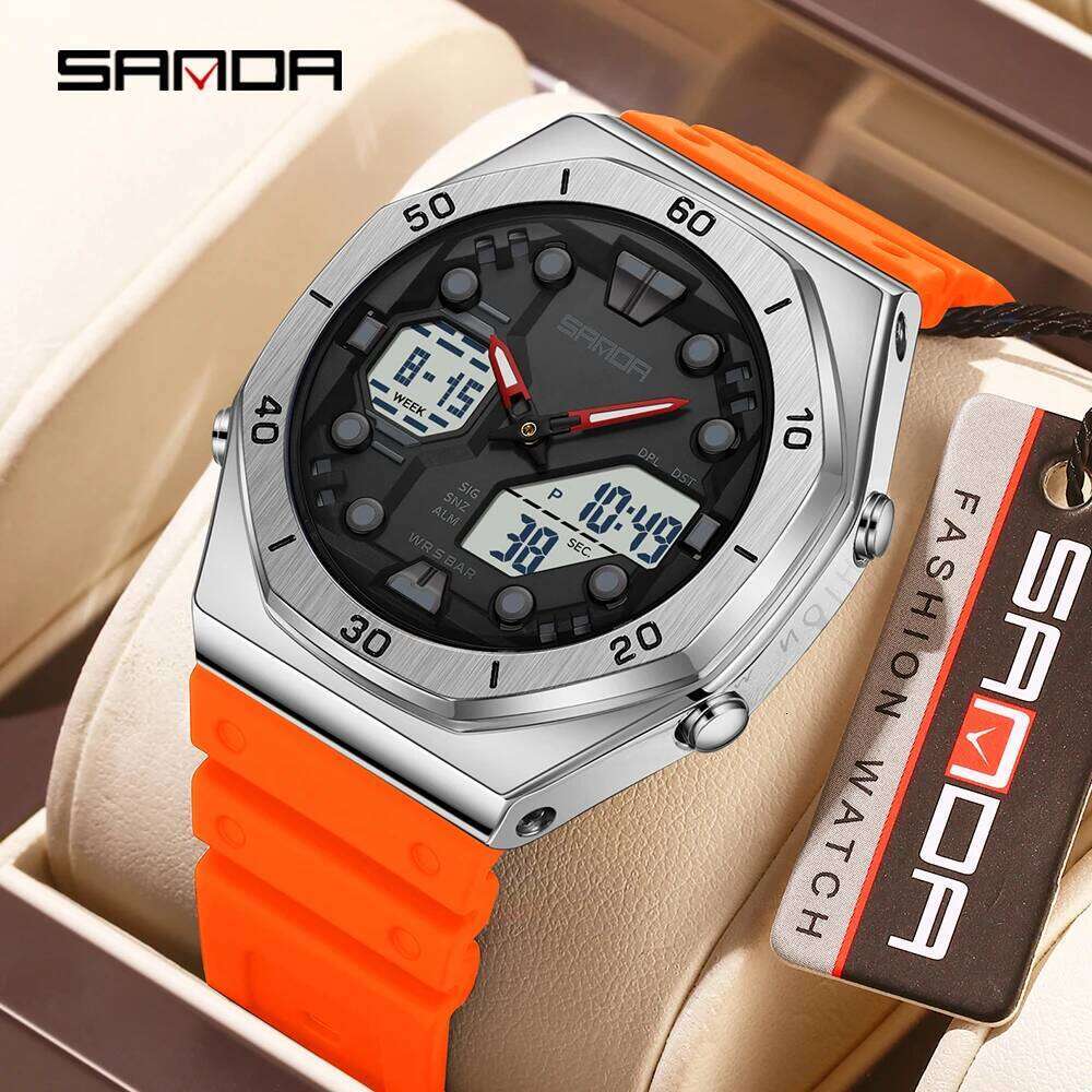 SANDA 6306 Fashion Men's Electronic Dual Display Multifunctional Night Light Alarm Clock Waterproof Cool Unisex Watch 2026