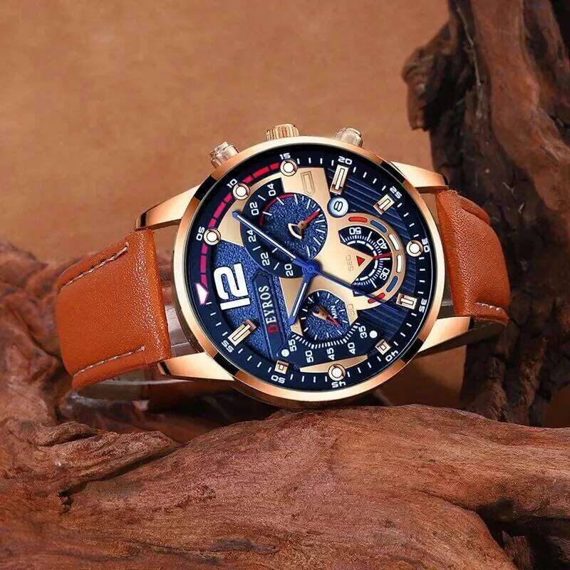 2PCS Set Luxury Brown Mens Quartz Watches Fashion Male Business Casual Wristwatch with Bracelet